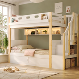 Audreamy Bobo Children's Loft Bunk Bed with LED Lights & Storage Stairs White Natural ottoman