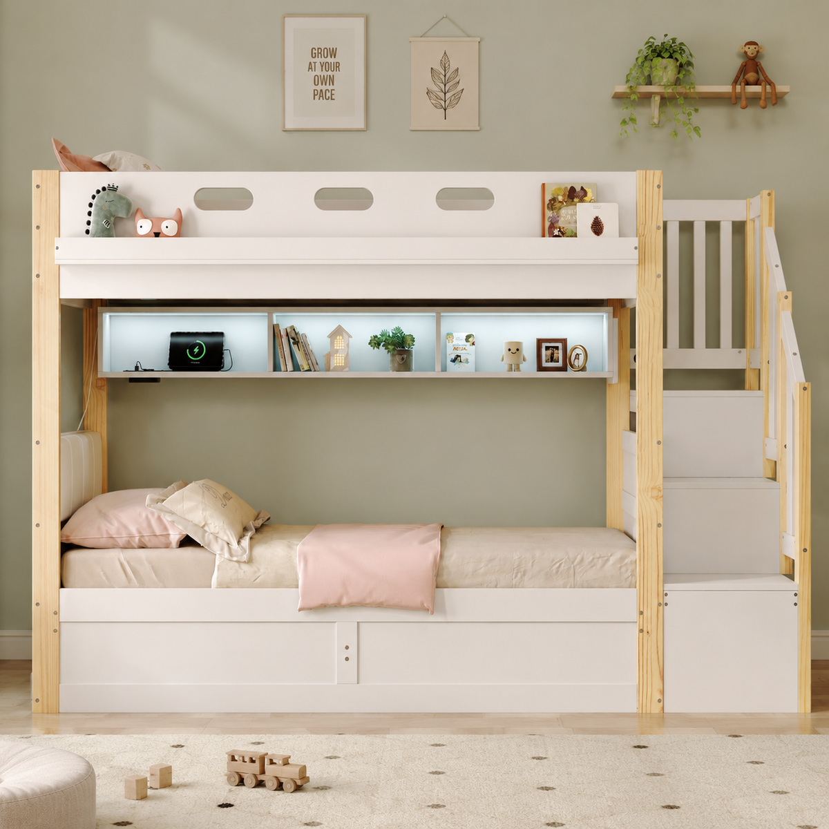 Audreamy Bobo Children's Loft Bunk Bed with LED Lights & Storage Stairs White Natural ottoman