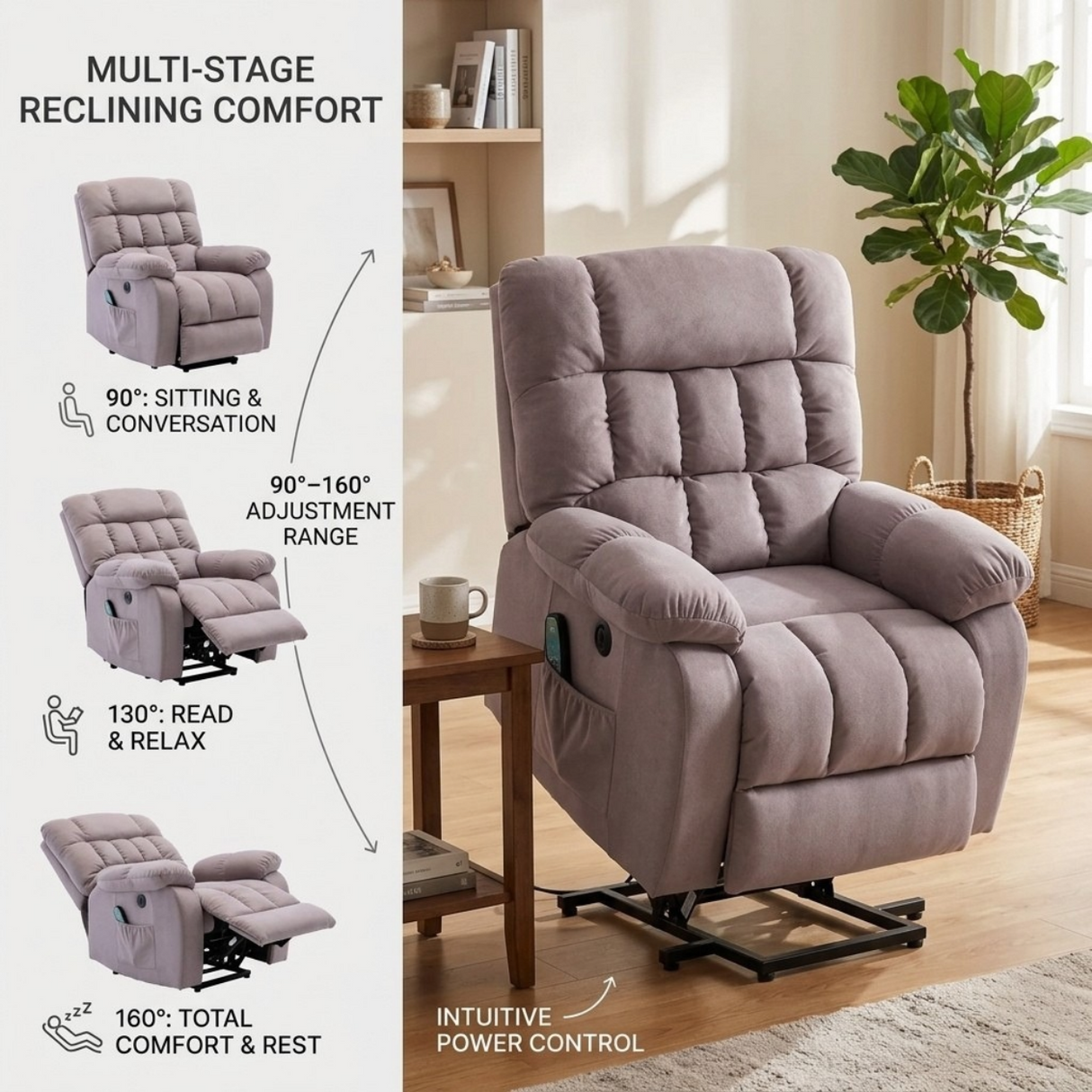Recliner Armchair Electric Power Lift Sofa with Massage and Heat for Elderly 2 Side Pockets USB Ports Single Recliner Chairs