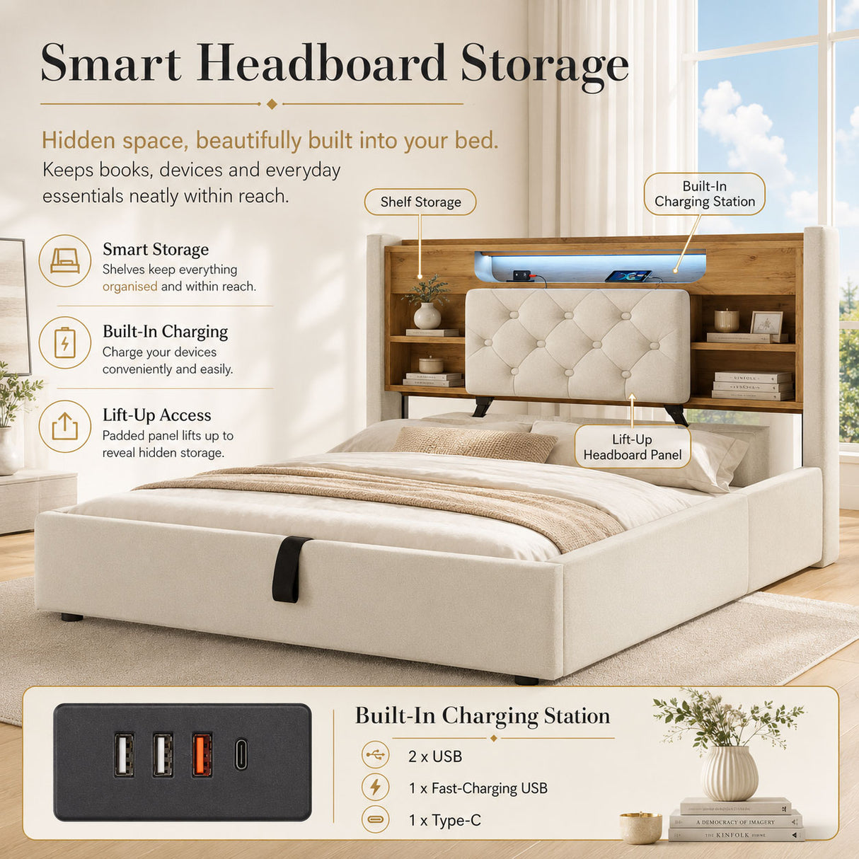 Audreamy Dorma Upholstered Bed with Storage Drawers, LED & USB Charging Beige Linen