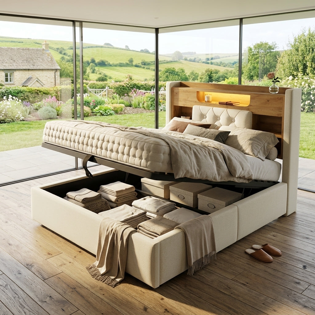 Audreamy Dorma Upholstered Bed with Storage Drawers, LED & USB Charging Beige Linen