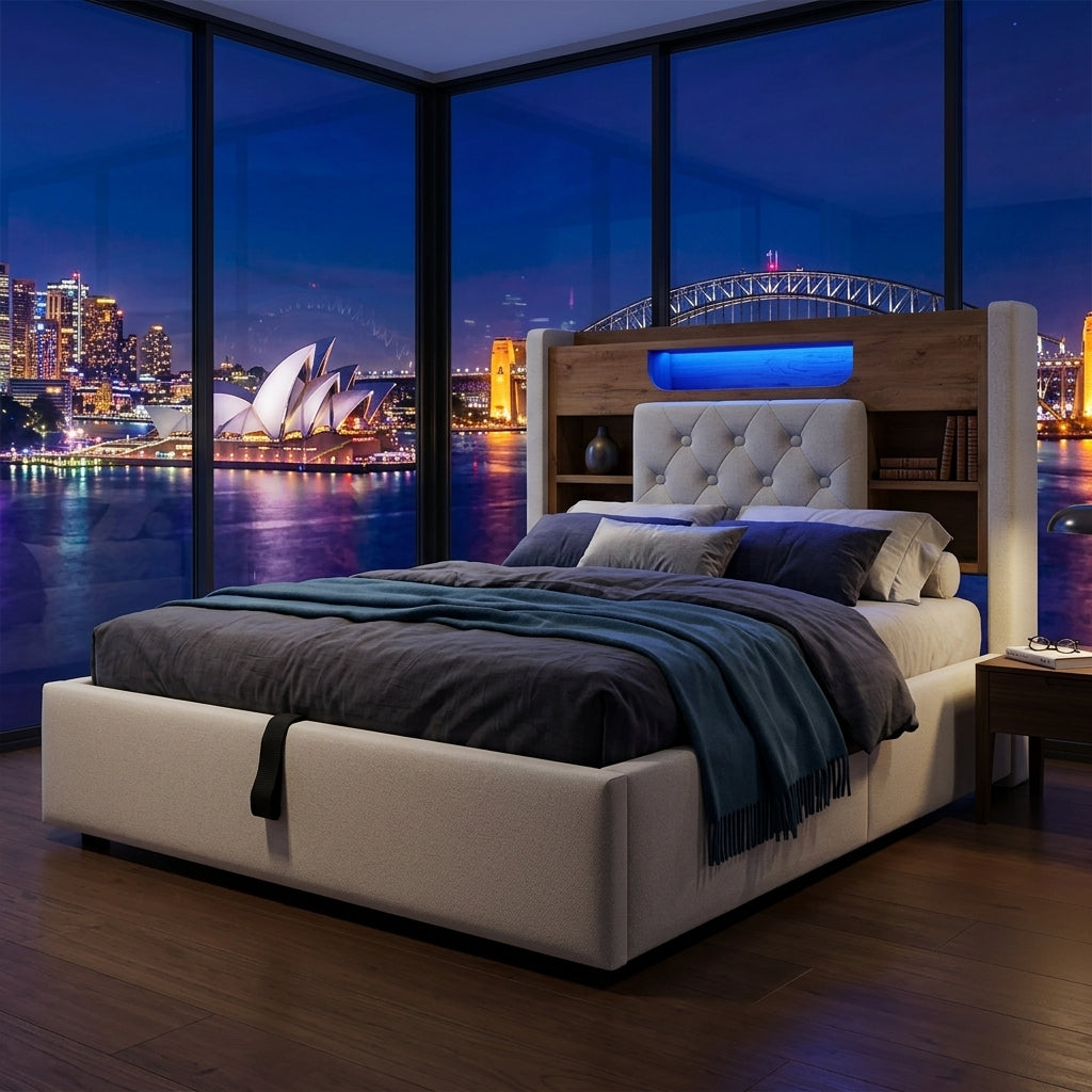 Audreamy Dorma Upholstered Bed with Storage Drawers, LED & USB Charging Beige Linen