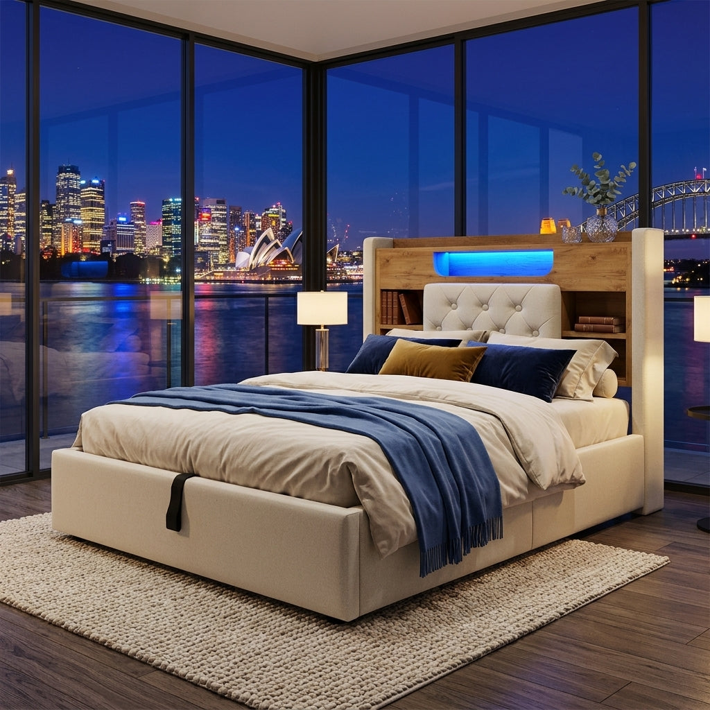 Audreamy Dorma Upholstered Bed with Storage Drawers, LED & USB Charging Beige Linen