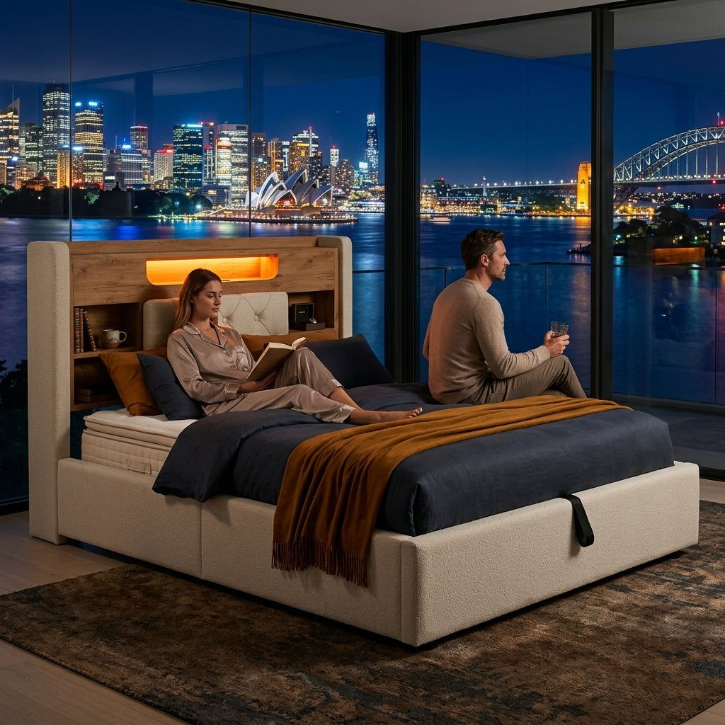 Audreamy Dorma Upholstered Bed with Storage Drawers, LED & USB Charging Beige Linen