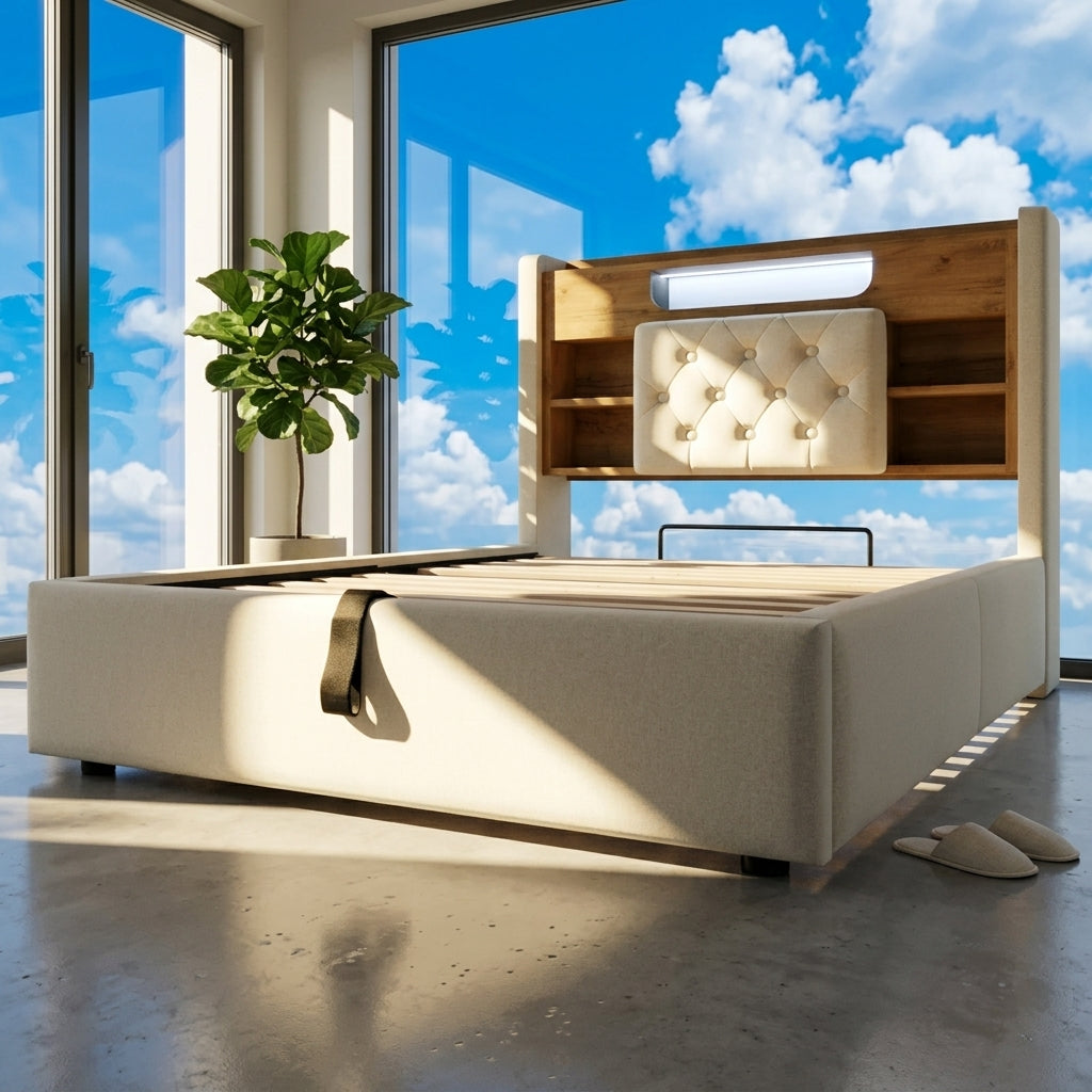Audreamy Dorma Upholstered Bed with Storage Drawers, LED & USB Charging Beige Linen