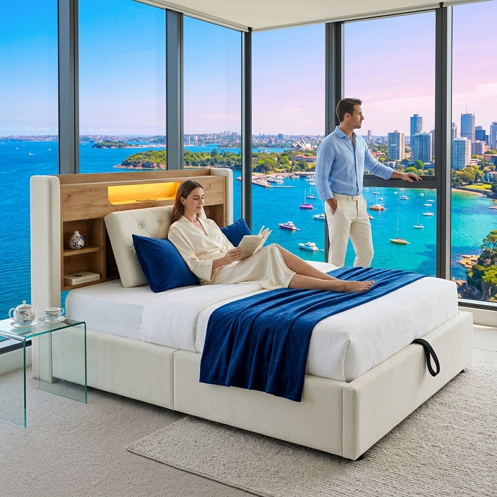Audreamy Dorma Upholstered Bed with Storage Drawers, LED & USB Charging Beige Linen