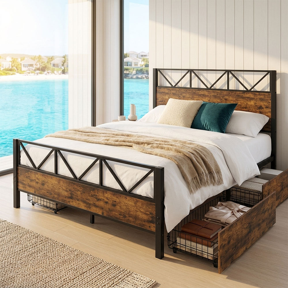 Metal Bed Iron bed, Black+Wood