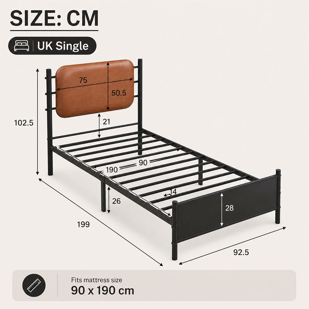 Metal bed, With a PU-upholstered headboard,  Black Iron+PU