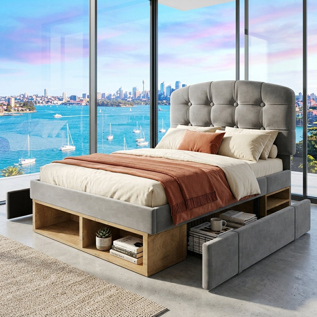 Audreamy Modra Upholstered Bed with Storage Drawers, Adjustable Headboard Grey Velvet