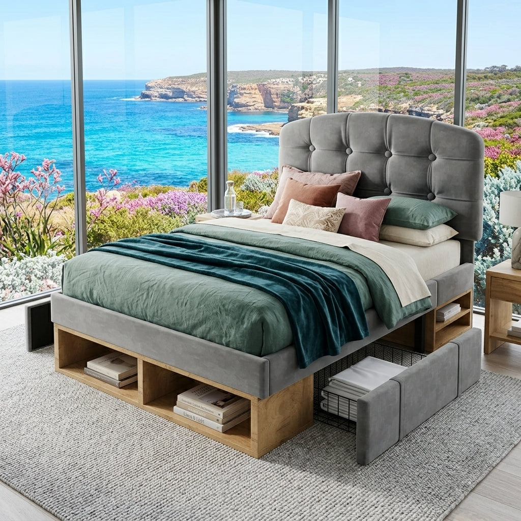 Audreamy Modra Upholstered Bed with Storage Drawers, Adjustable Headboard Grey Velvet