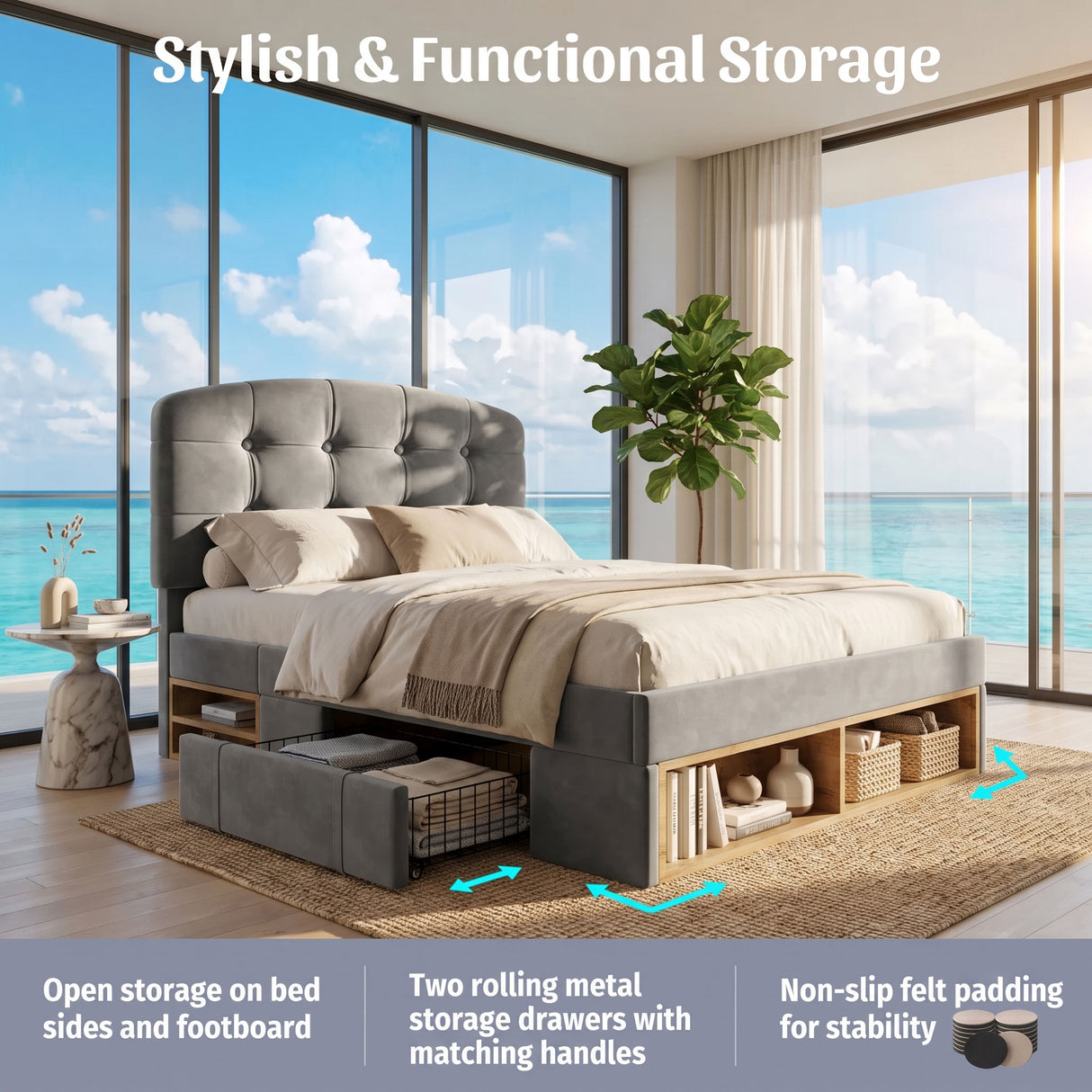 Audreamy Modra Upholstered Bed with Storage Drawers, Adjustable Headboard Grey Velvet