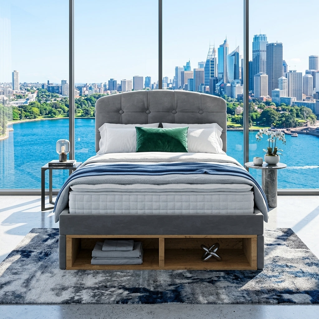 Audreamy Modra Upholstered Bed with Storage Drawers, Adjustable Headboard Grey Velvet