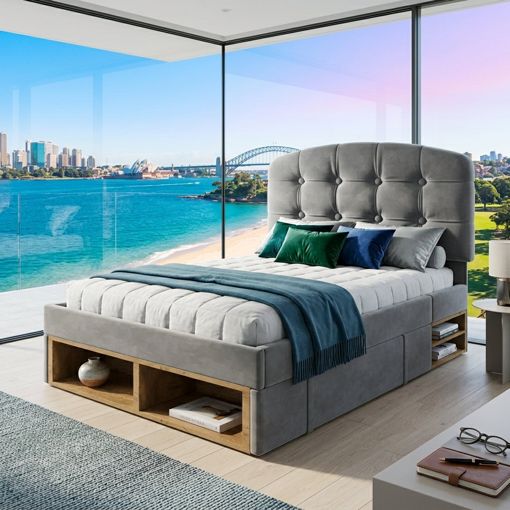 Audreamy Modra Upholstered Bed with Storage Drawers, Adjustable Headboard Grey Velvet