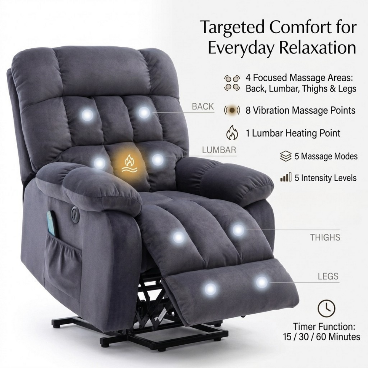 Recliner Armchair Electric Power Lift Sofa with Massage and Heat for Elderly 2 Side Pockets USB Ports Single Recliner Chairs