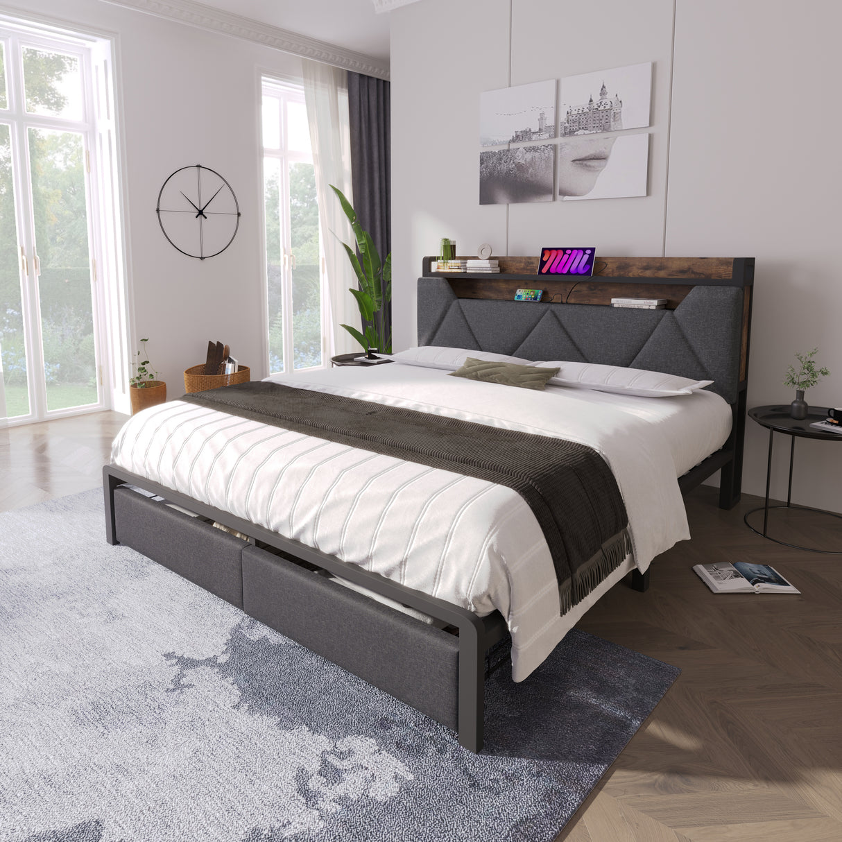 Audreamy Timeless Storage Bed Frame with Storage Drawers Grey Linen