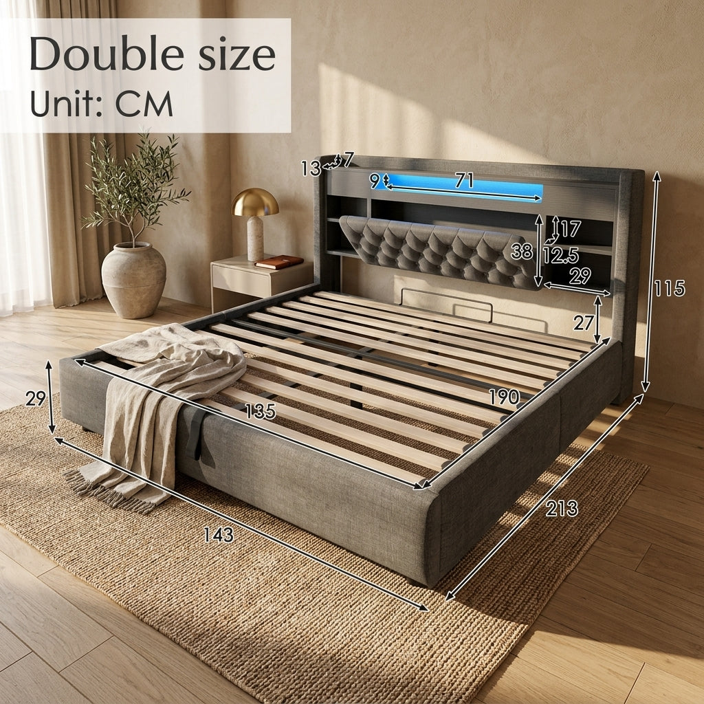 Audreamy Dorma Ottoman Bed with Storage Drawers LED & USB Charging Grey Linen