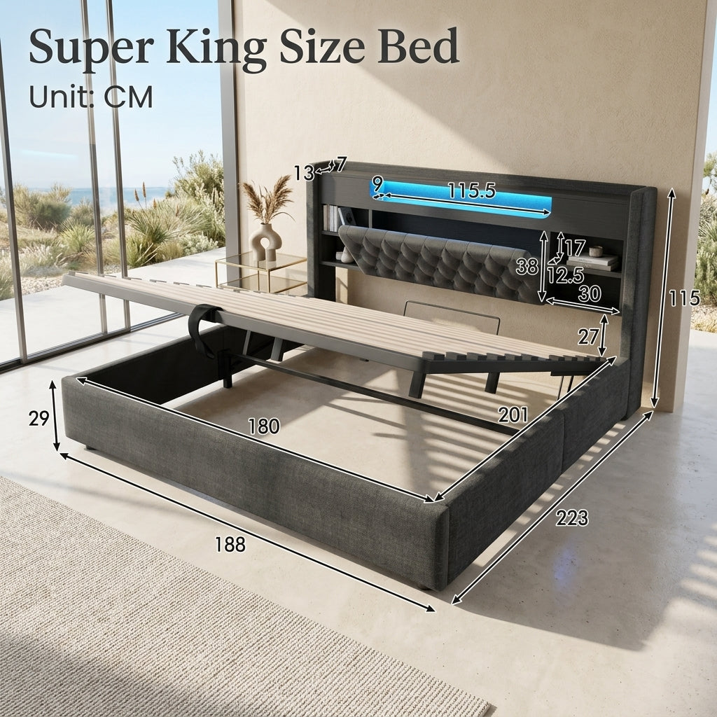 Audreamy Dorma Ottoman Bed with Storage Drawers LED & USB Charging Grey Linen