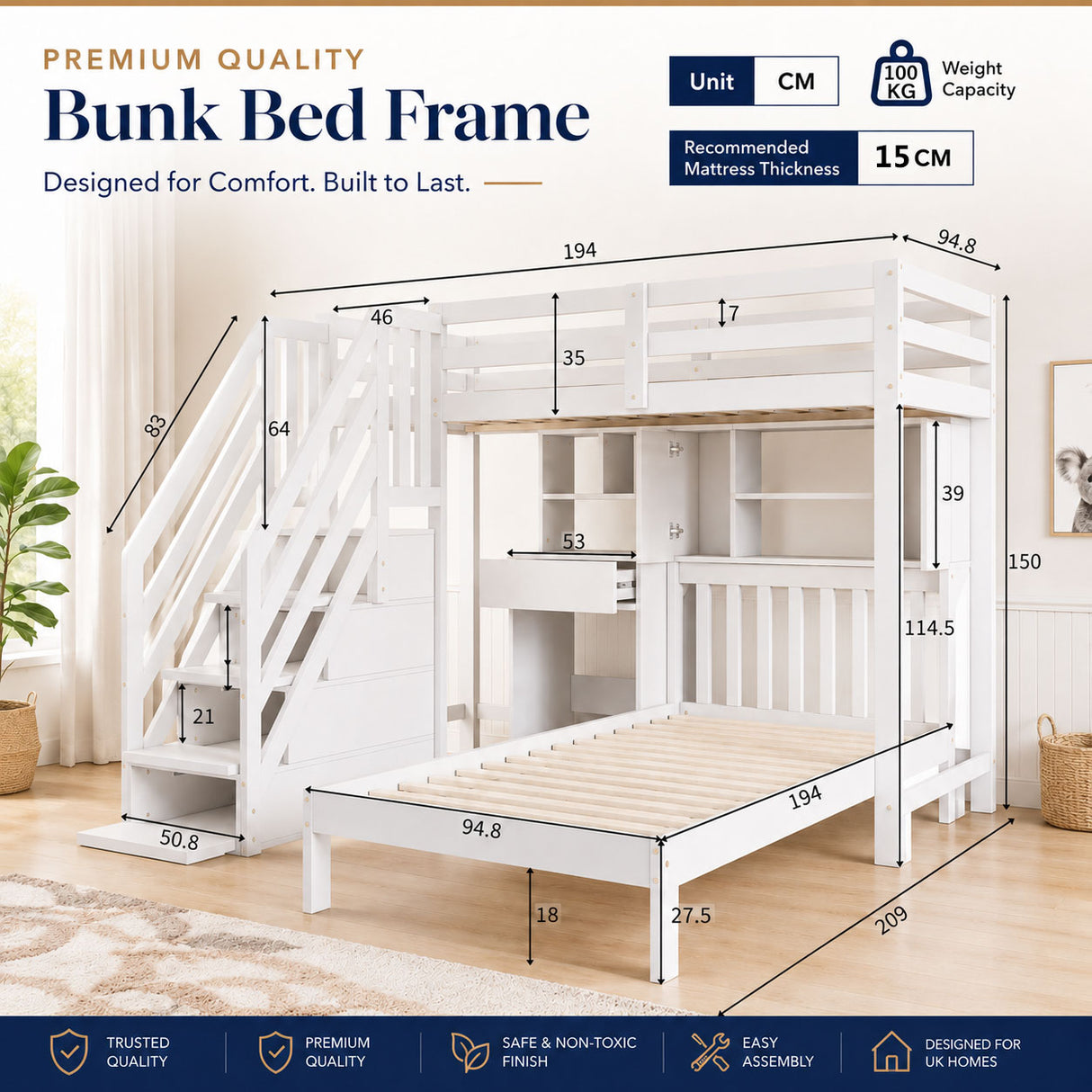 Audreamy Eryndor Bunk Bed High Sleepers White Wood Single