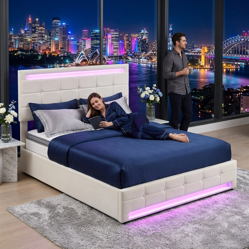 Audreamy Arlo Ottoman Bed Beige Velvet Double