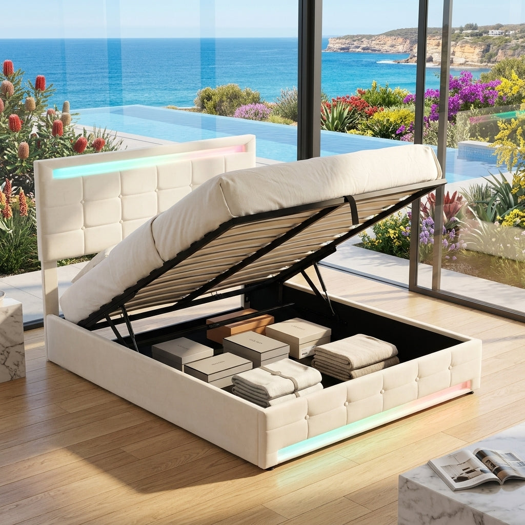 Audreamy Arlo Ottoman Bed Beige Velvet Double