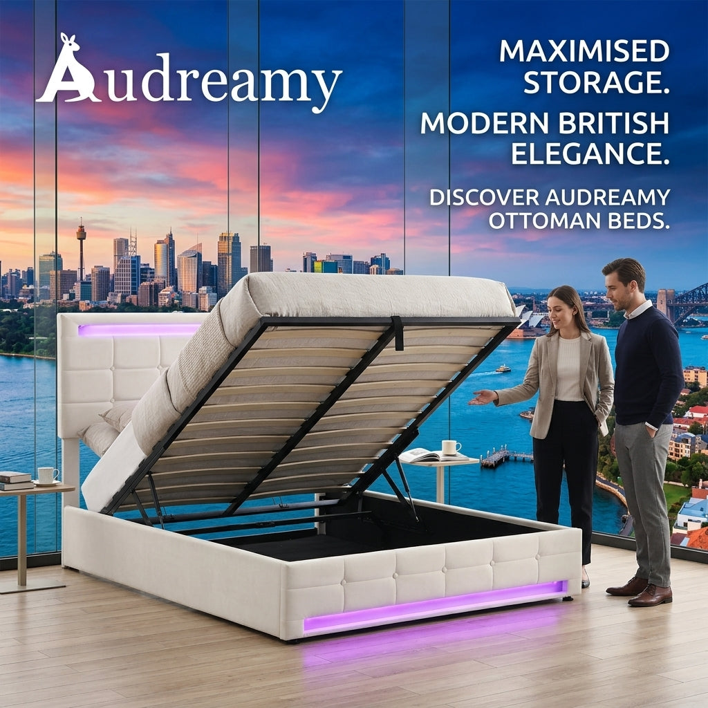 Audreamy Arlo Ottoman Bed Beige Velvet Double