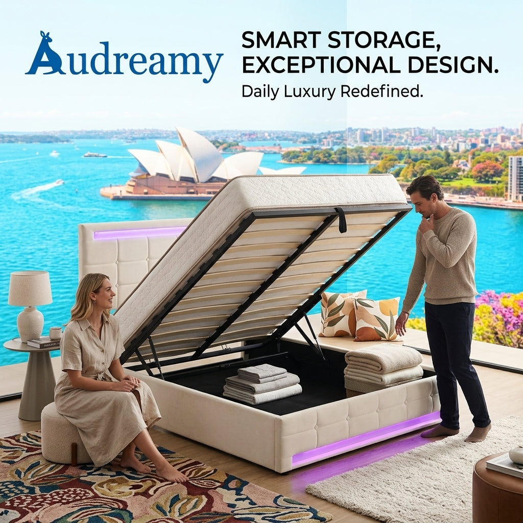 Audreamy Arlo Ottoman Bed Beige Velvet Double