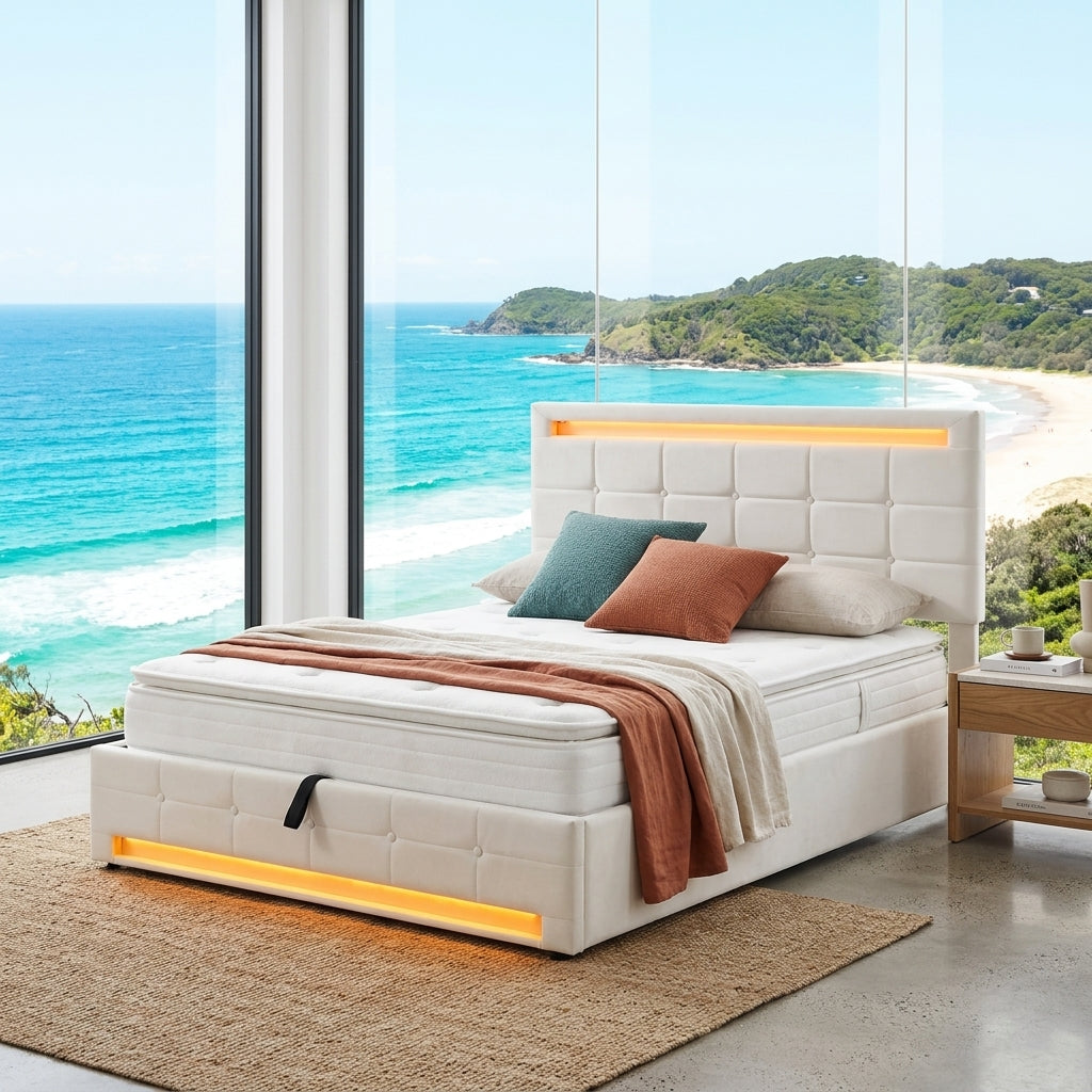 Audreamy Arlo Ottoman Bed Beige Velvet Double