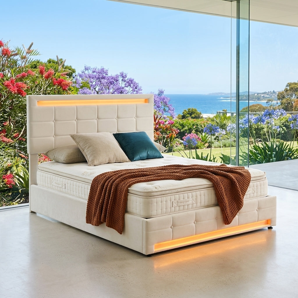 Audreamy Arlo Ottoman Bed Beige Velvet Double