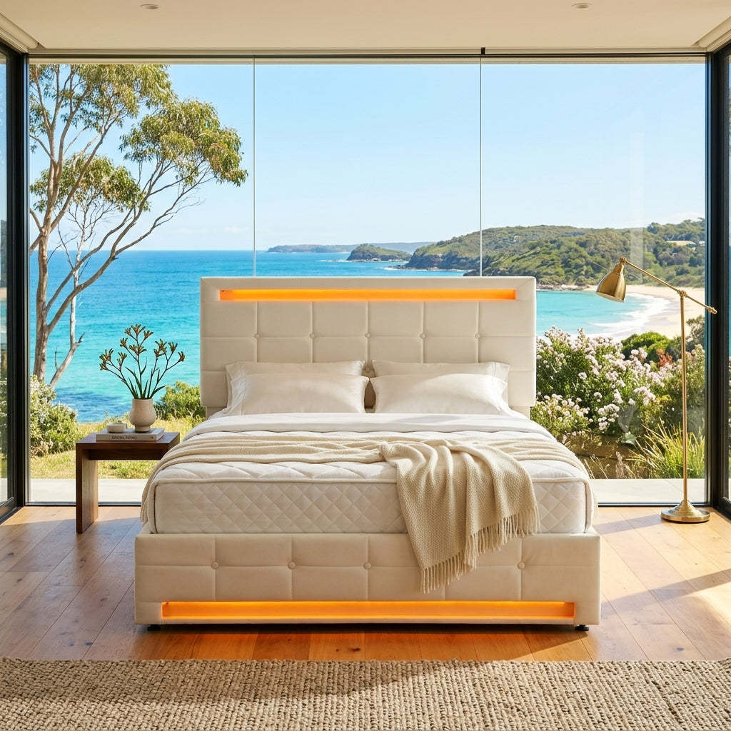 Audreamy Arlo Ottoman Bed Beige Velvet Double