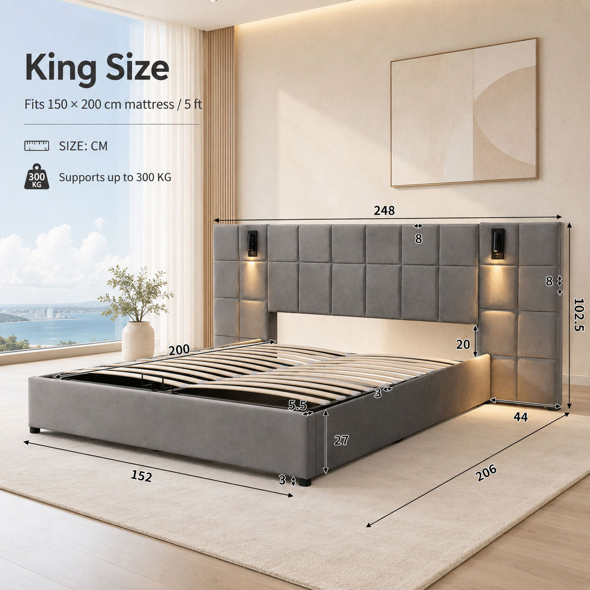 Audreamy Kellan Ottoman Bed Grey Velvet
