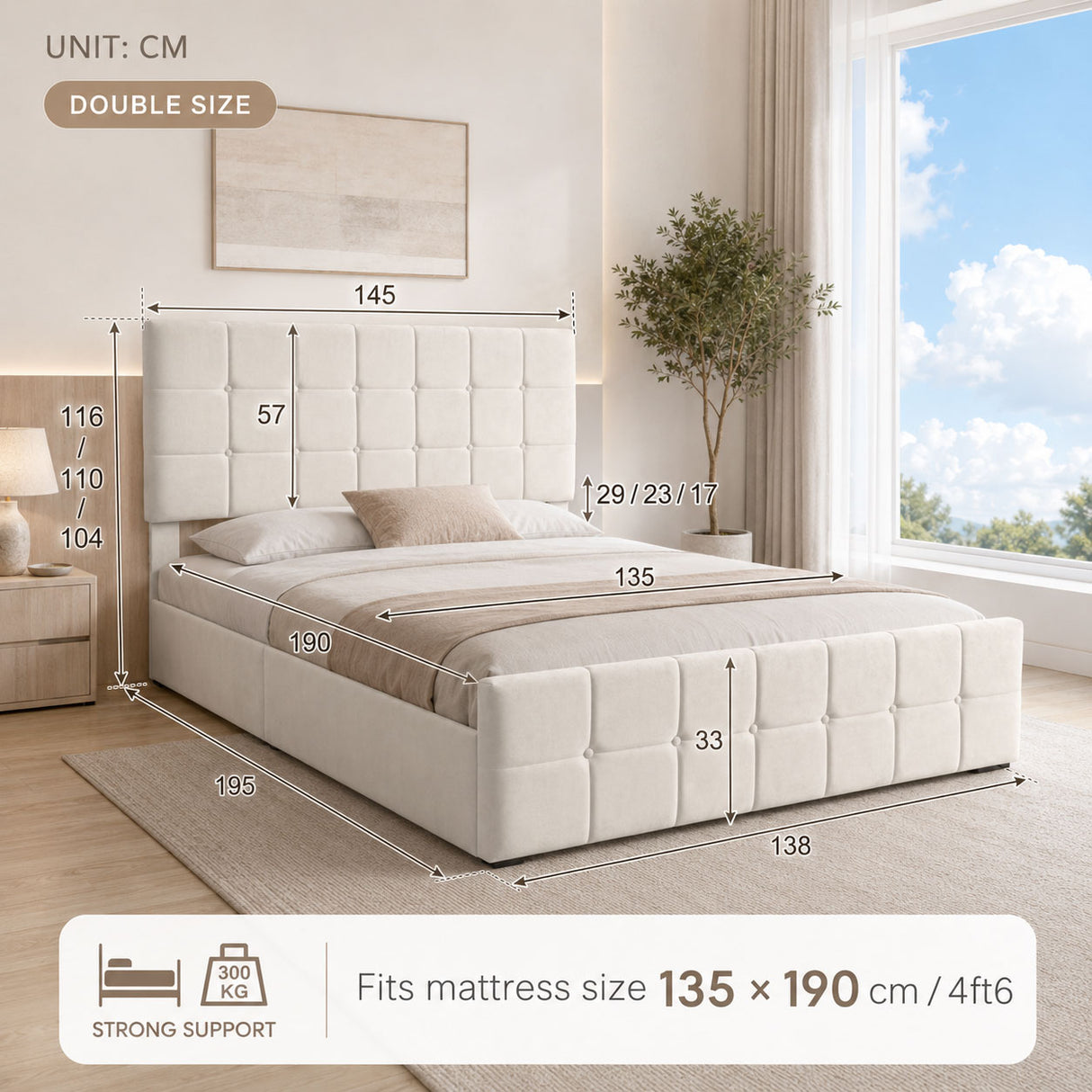 Audreamy Opal Ottoman Bed Beige Velvet Double