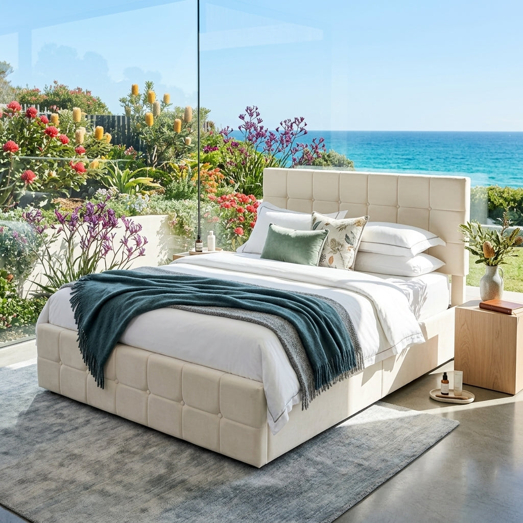 Audreamy Opal Ottoman Bed Beige Velvet Double