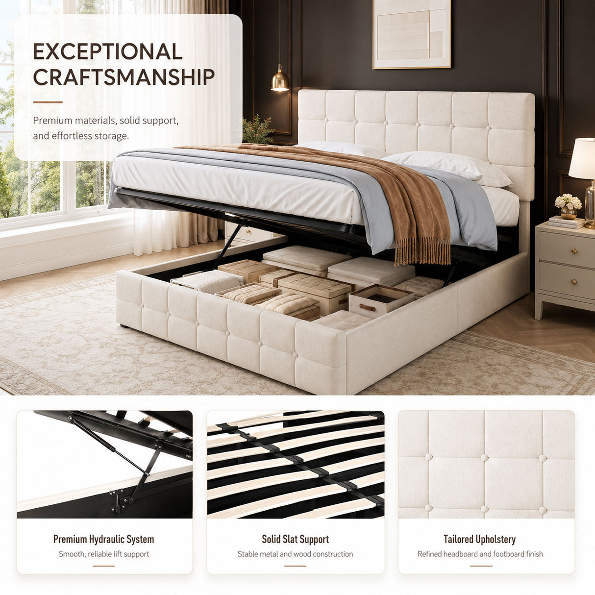 Audreamy Opal Ottoman Bed Beige Velvet Double
