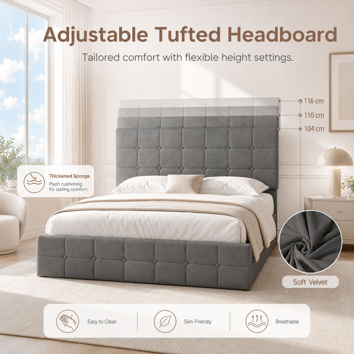 Audreamy Opal Ottoman Bed Grey Velvet Double