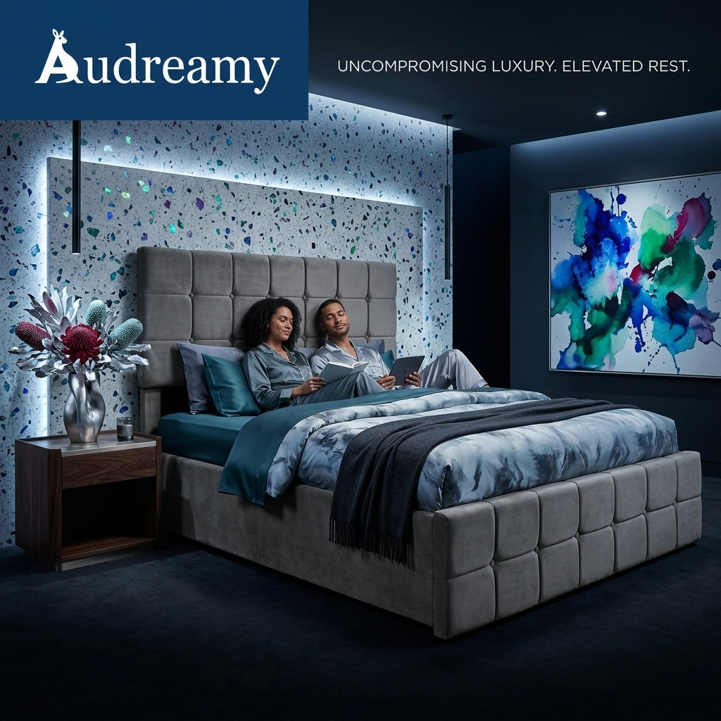 Audreamy Opal Ottoman Bed Grey Velvet Double