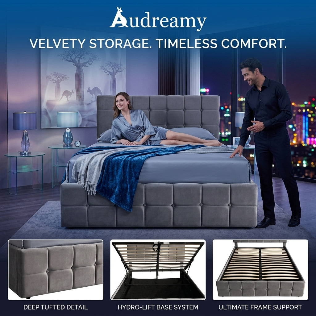 Audreamy Opal Ottoman Bed Grey Velvet Double