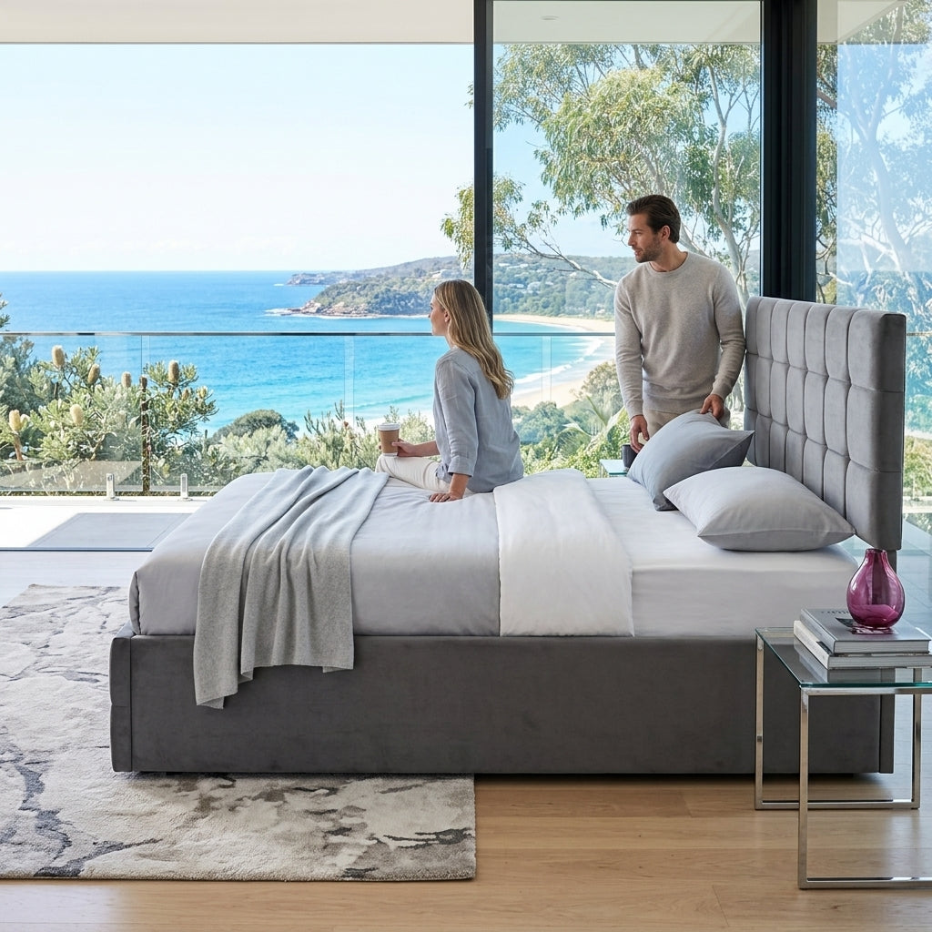 Audreamy Opal Ottoman Bed Grey Velvet Double