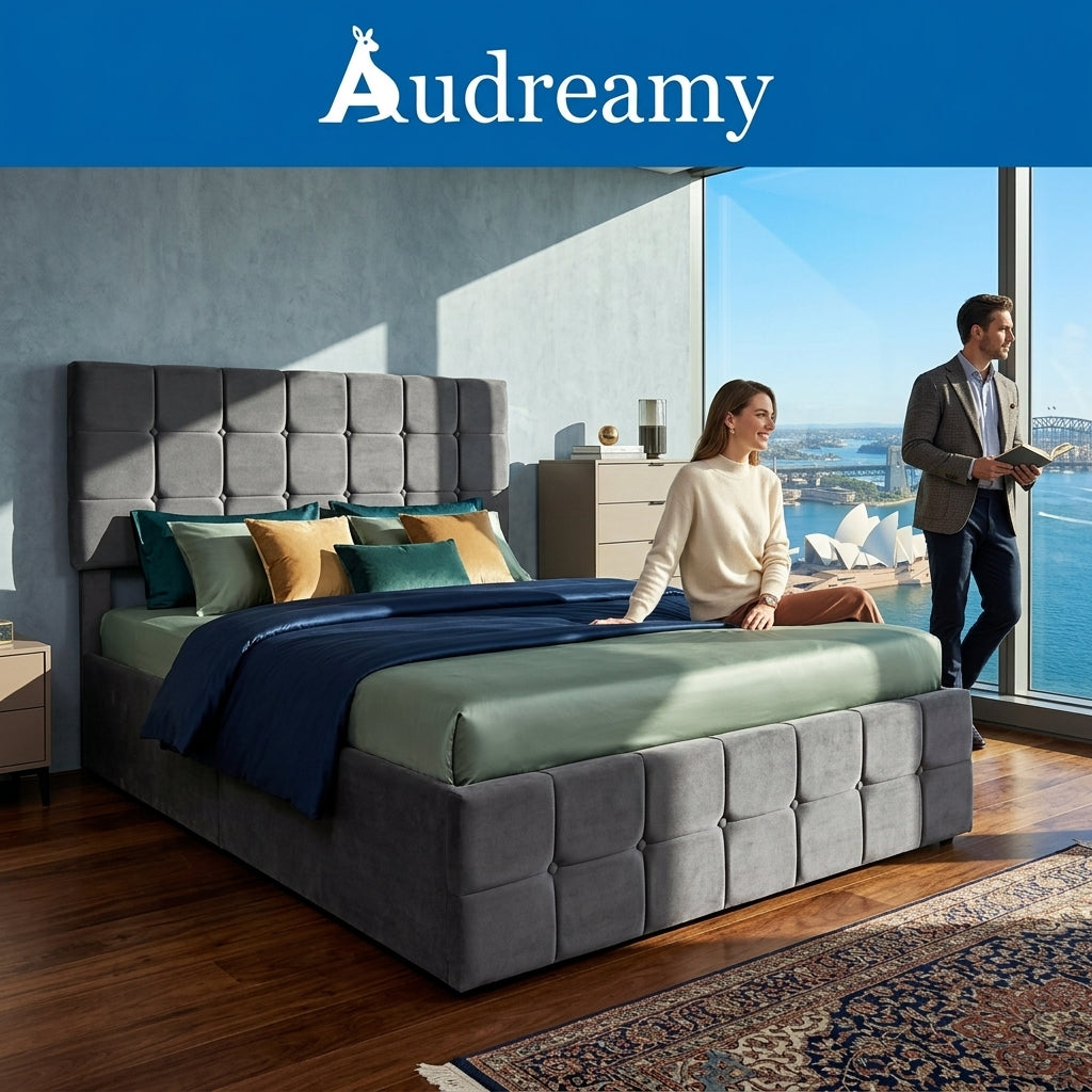 Audreamy Opal Ottoman Bed Grey Velvet Double