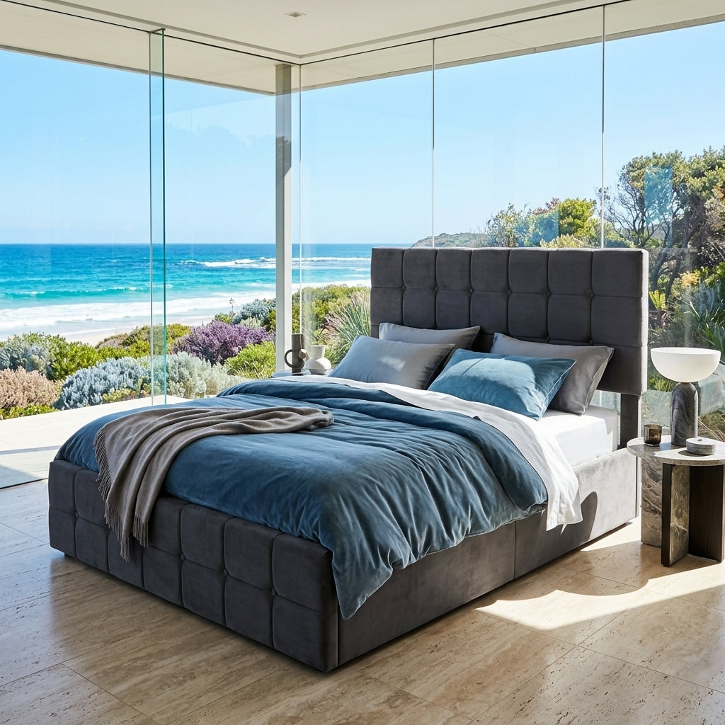 Audreamy Opal Ottoman Bed Grey Velvet Double