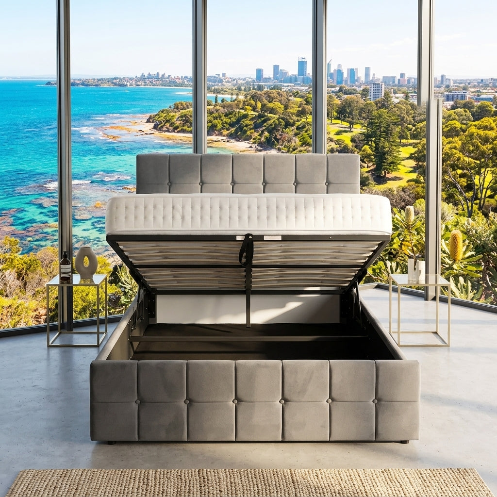 Audreamy Opal Ottoman Bed Grey Velvet Double