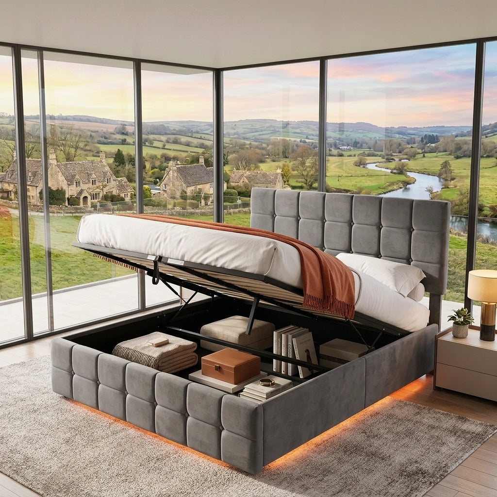 Audreamy Opal Ottoman Bed Grey Velvet Double