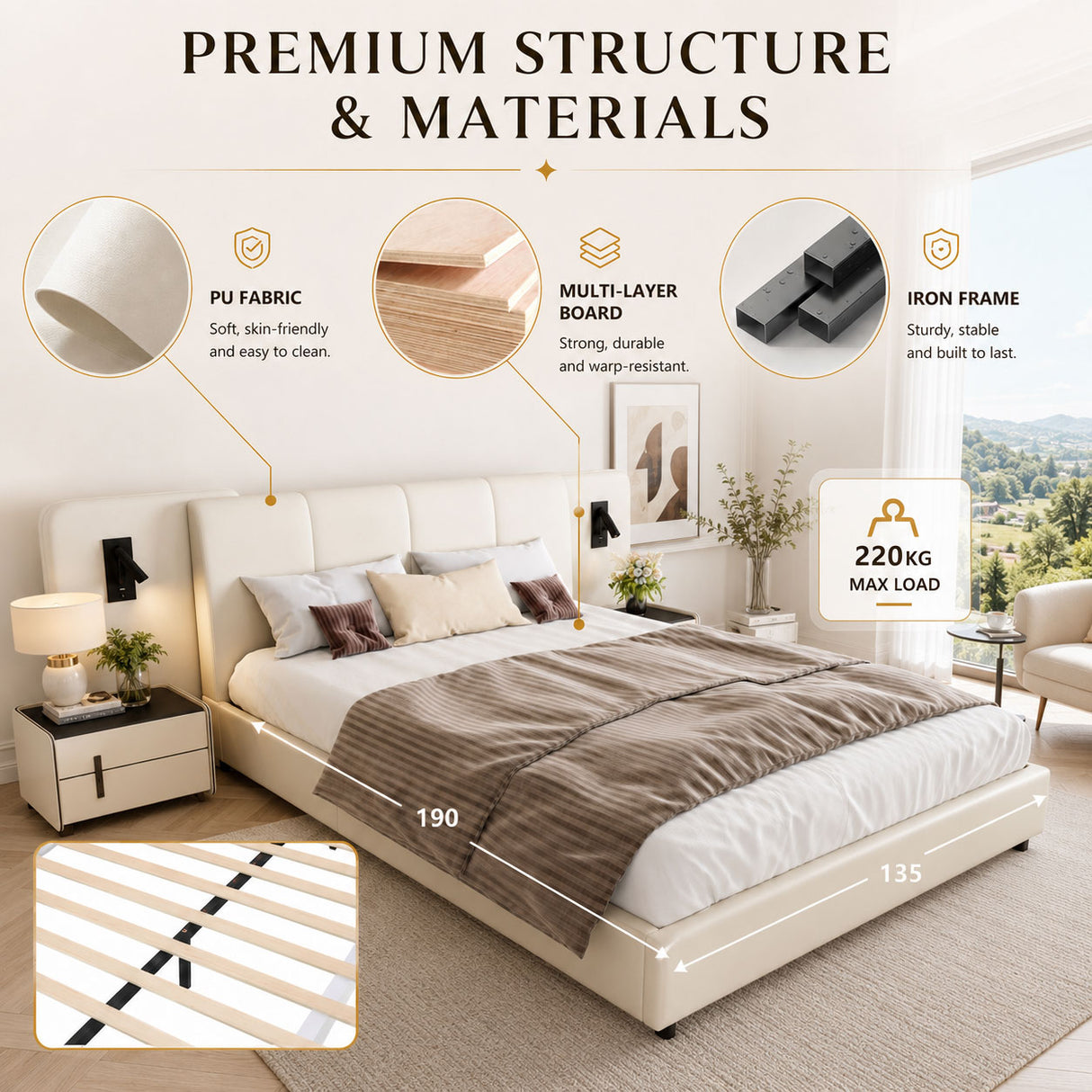 Audreamy Rowan Upholstered Bed Beige PU Double