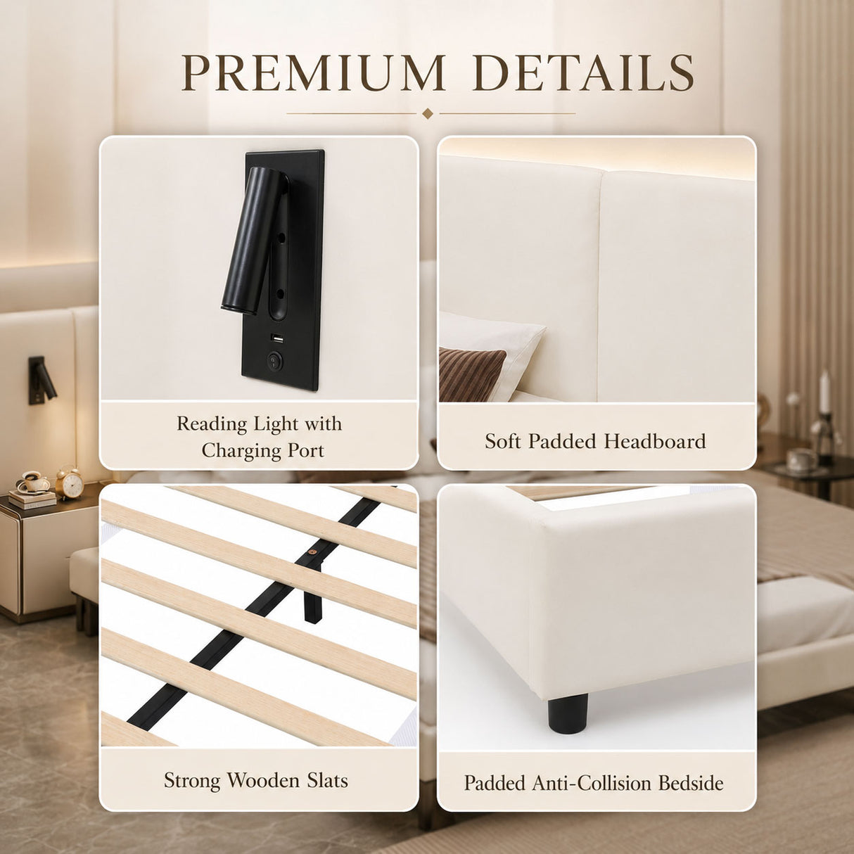 Audreamy Rowan Upholstered Bed Beige PU Double