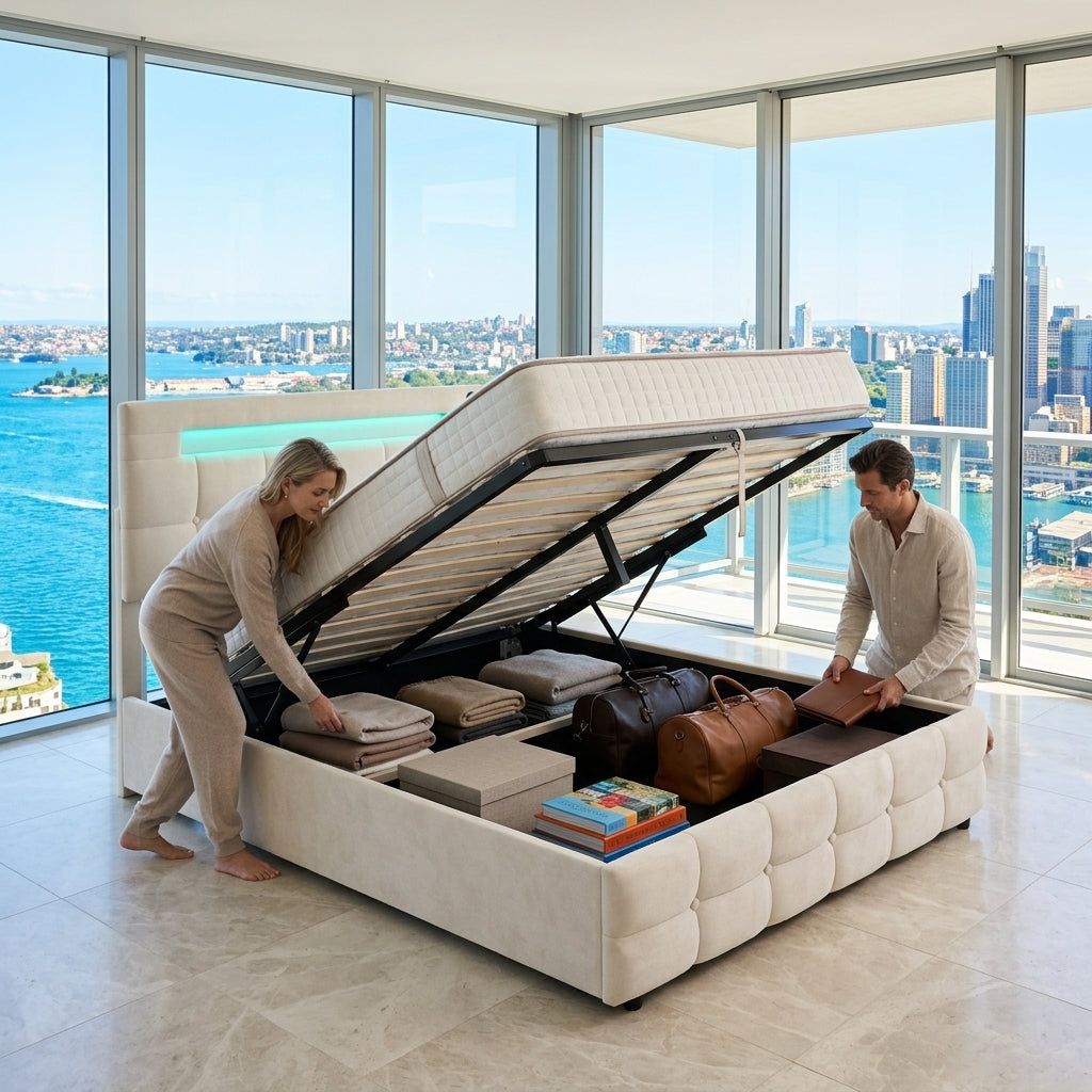 Audreamy Soren Ottoman Bed Beige Velvet Double