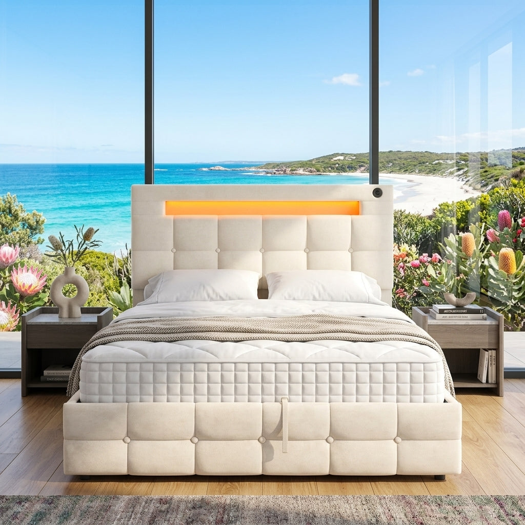 Audreamy Soren Ottoman Bed Beige Velvet Double