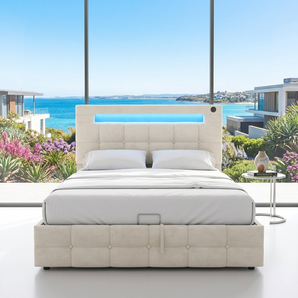 Audreamy Soren Ottoman Bed Beige Velvet Double