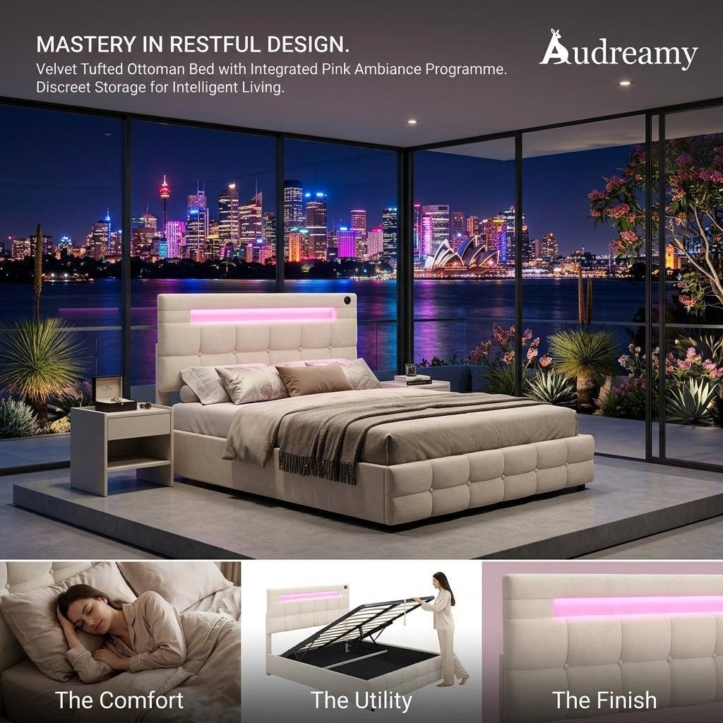 Audreamy Soren Ottoman Bed Beige Velvet Double
