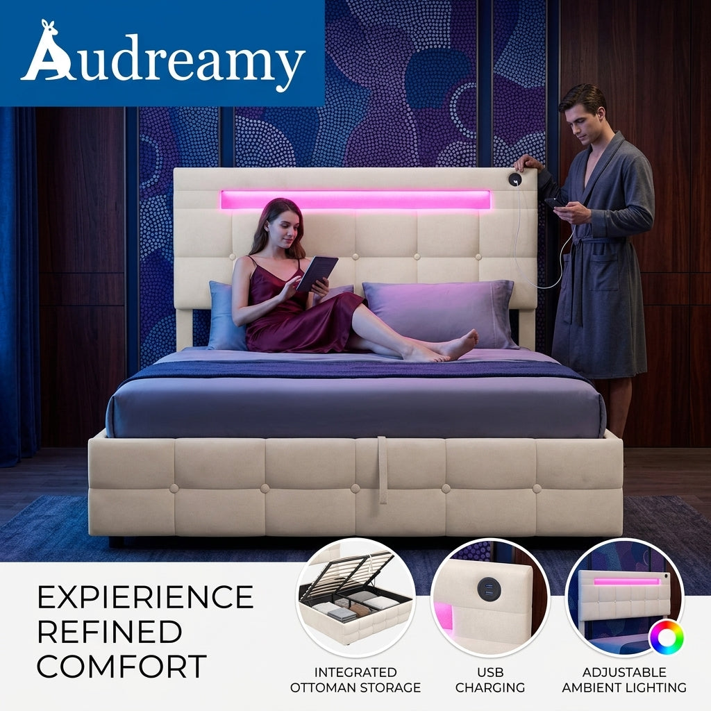 Audreamy Soren Ottoman Bed Beige Velvet Double