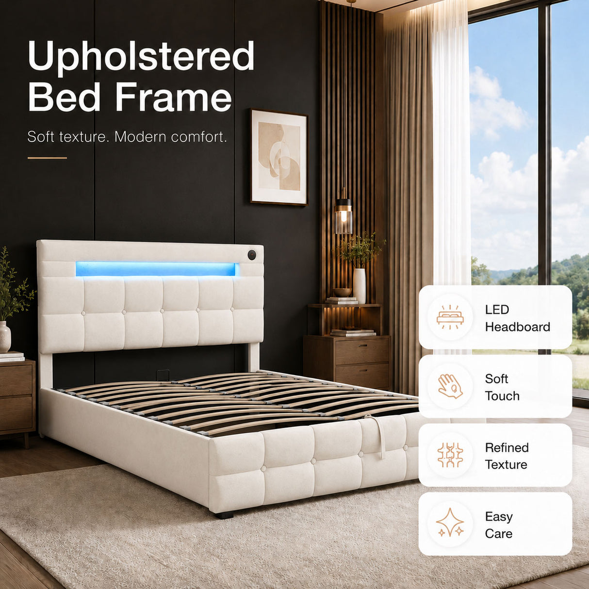 Audreamy Soren Ottoman Bed Beige Velvet Double