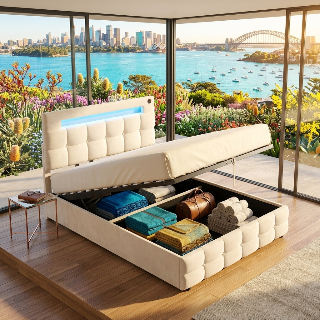 Audreamy Soren Ottoman Bed Beige Velvet Double